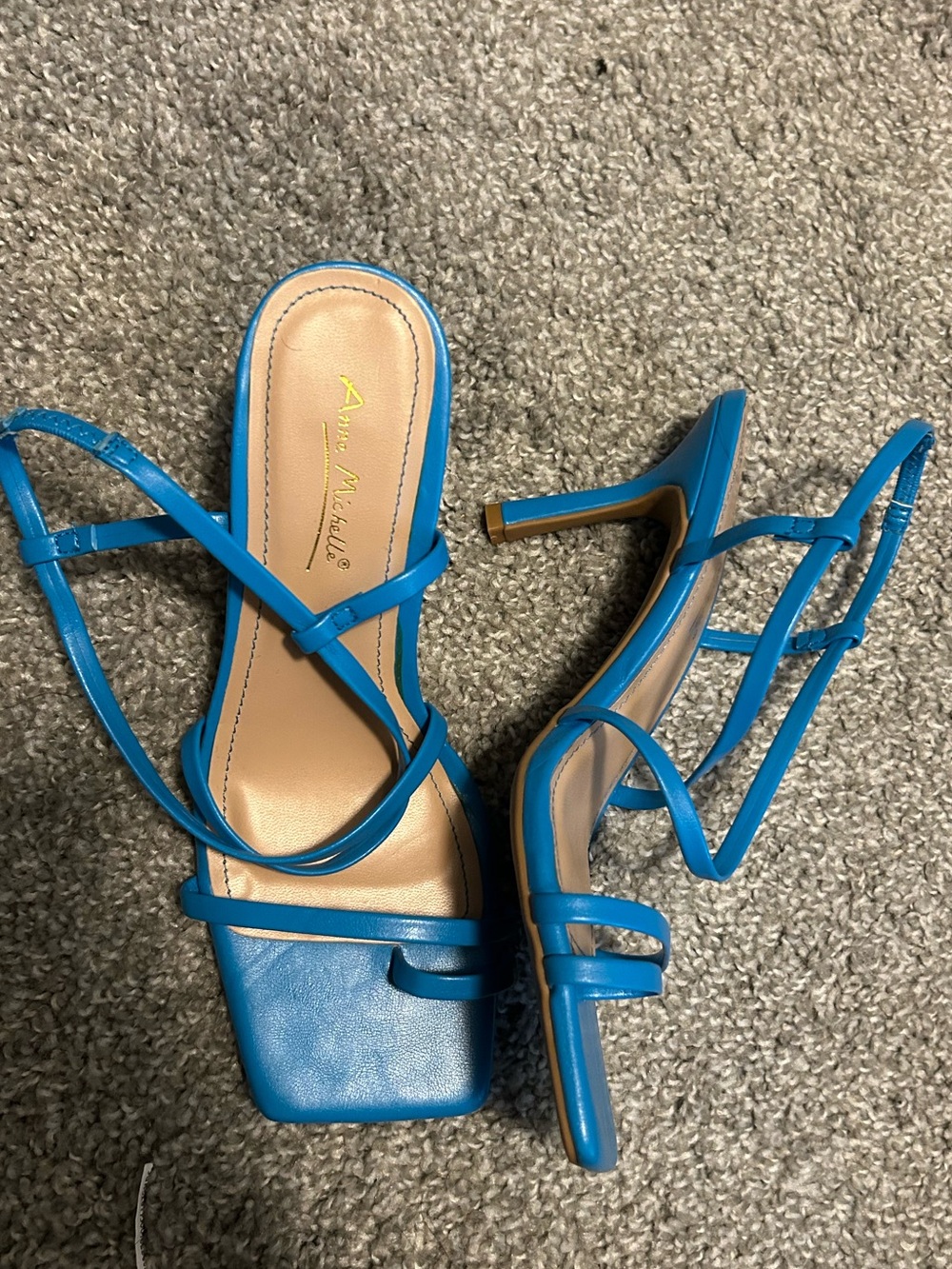 Anne Michelle Bright Blue Strappy Square-Toe Mid Heels